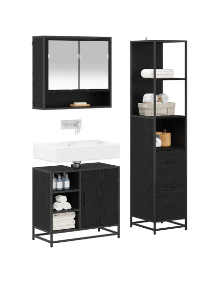 Set di mobili per il bagno 3 pcs Rovere Nero Legno multistrato