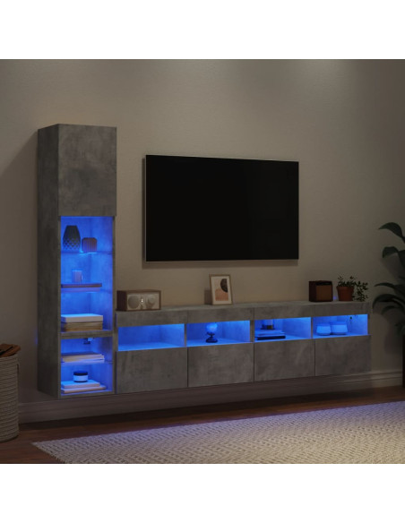 Mobili TV a Muro con LED 4pz Grigio Cemento Legno Multistrato
