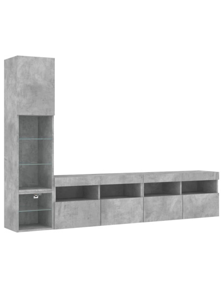 Mobili TV a Muro con LED 4pz Grigio Cemento Legno Multistrato