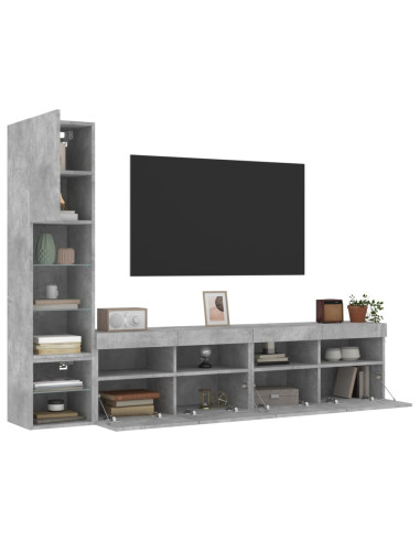 Mobili TV a Muro con LED 4pz Grigio Cemento Legno Multistrato