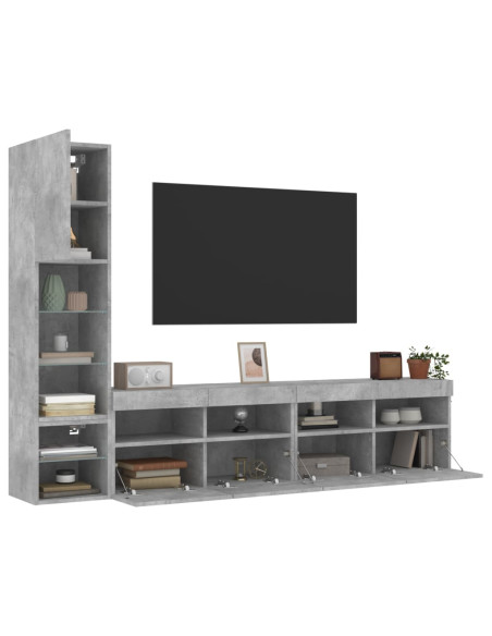 Mobili TV a Muro con LED 4pz Grigio Cemento Legno Multistrato