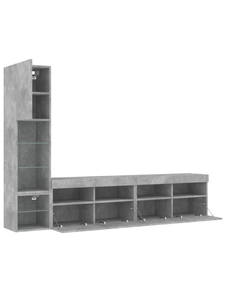 Mobili TV a Muro con LED 4pz Grigio Cemento Legno Multistrato