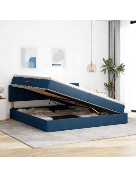 Letto con contenitore e materasso con testiera Blu 200 x 200 cm
