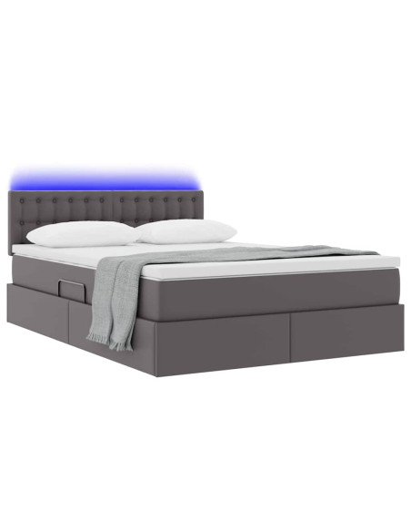 Letto con contenitore e LED Grigio 140 x 190 cm Pelle Sintetica