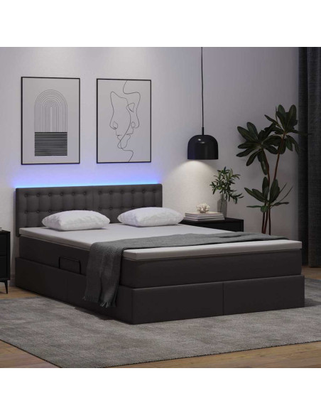 Letto con contenitore e LED Grigio 140 x 200 cm Pelle Sintetica