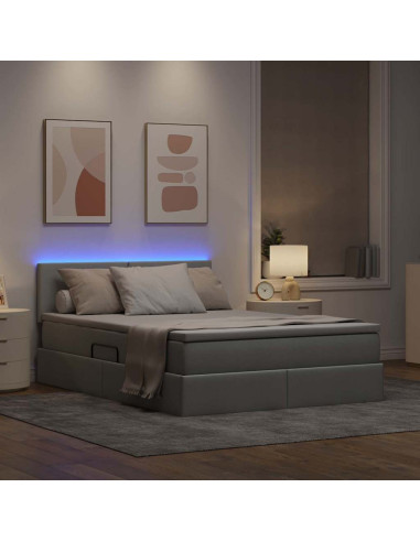 Letto con contenitore e LED Grigio chiaro 140 x 200 cm Tessuto