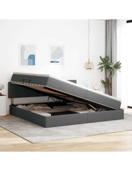 Letto con contenitore e LED Grigio scuro 200 x 200 cm Tessuto