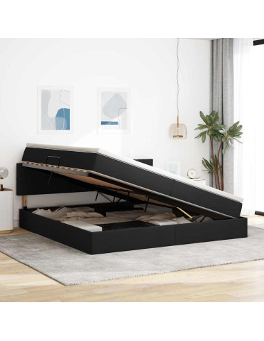 Letto con contenitore e LED con led Nero 200 x 200 cm Tessuto