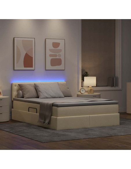 Letto con contenitore e LED con led Crema 140 x 200 cm Tessuto
