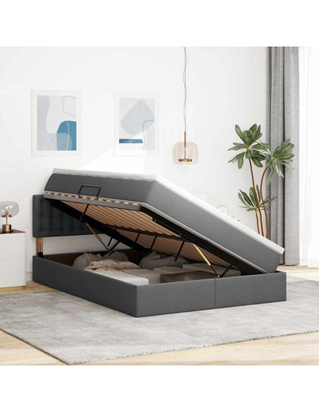 Letto con contenitore e LED Grigio scuro 140 x 200 cm Tessuto