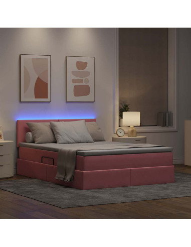 Letto con contenitore e LED con led Rosa 140 x 190 cm Velluto