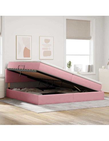 Letto con contenitore e LED con led Rosa 200 x 200 cm Velluto