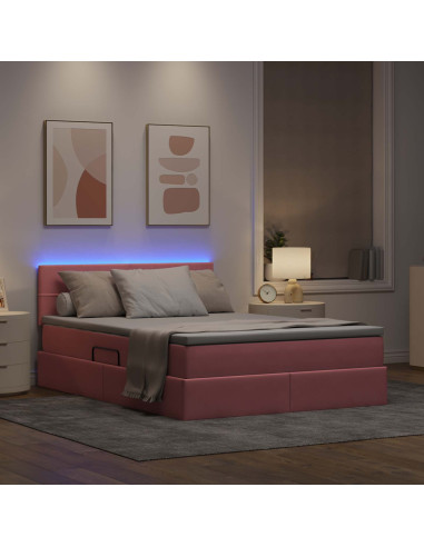 Letto con contenitore e LED con led Rosa 140 x 190 cm Velluto