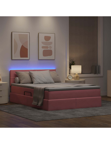Letto con contenitore e LED con led Rosa 140 x 190 cm Velluto