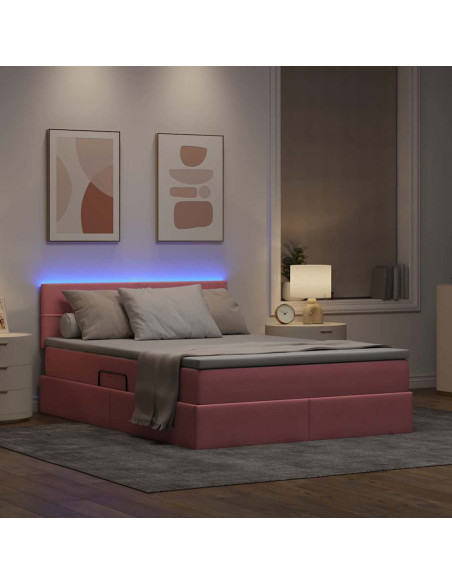 Letto con contenitore e LED con led Rosa 140 x 200 cm Velluto