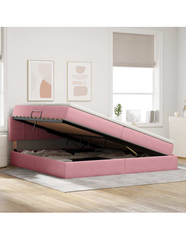 Letto con contenitore e LED con led Rosa 200 x 200 cm Velluto