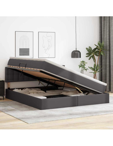 Letto con contenitore e LED Grigio 180 x 200 cm Pelle Sintetica