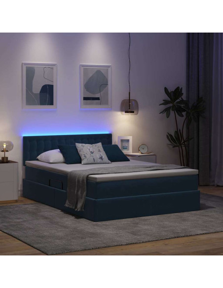 Letto con contenitore e LED Blu Scuro 140 x 190 cm Velluto