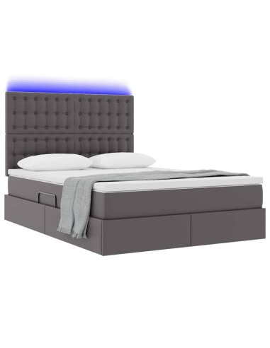 Letto con contenitore e LED Grigio 140 x 190 cm Pelle Sintetica
