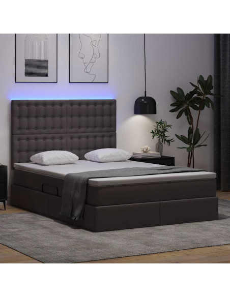 Letto con contenitore e LED Grigio 140 x 200 cm Pelle Sintetica