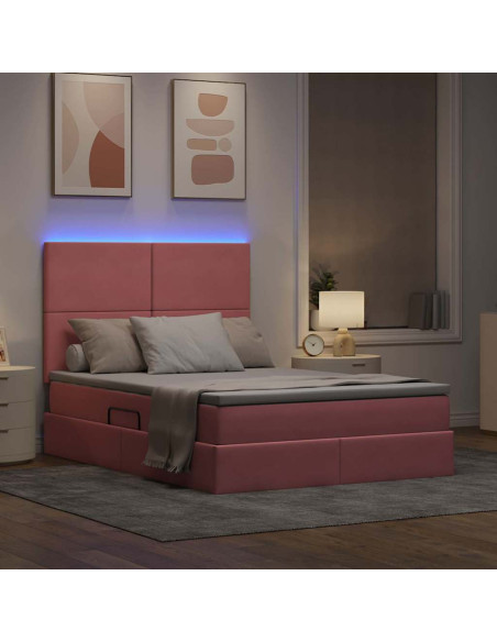 Letto con contenitore e LED con led Rosa 140 x 190 cm Velluto