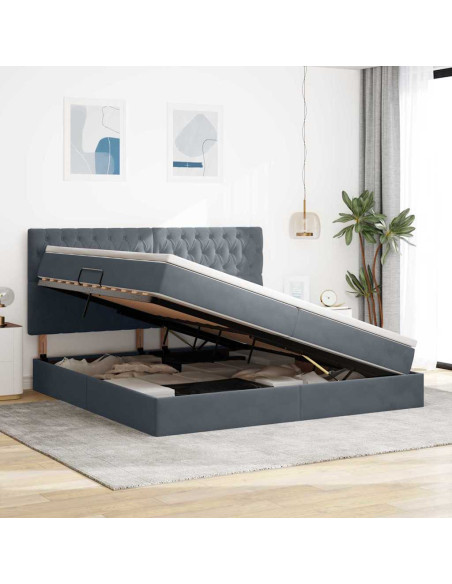 Letto con contenitore e LED Grigio scuro 200 x 200 cm Velluto