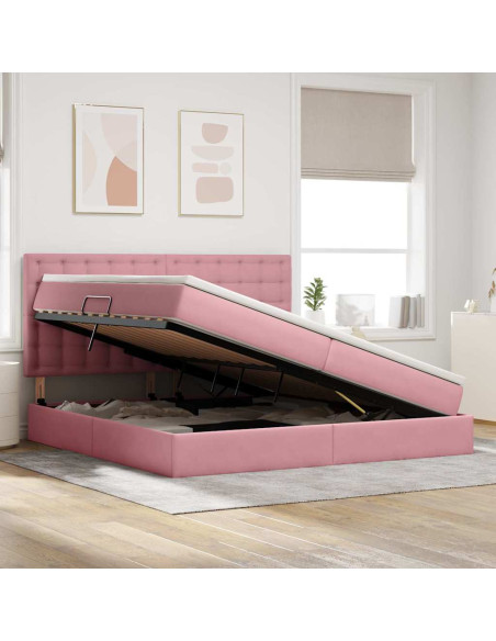 Letto con contenitore e LED con led Rosa 200 x 200 cm Velluto