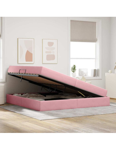 Letto con contenitore e materasso Rosa 200 x 200 cm Velluto