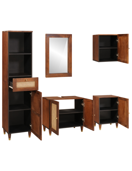Mobile da Bagno 5 pcs Marrone e Nero Legno di mango massello