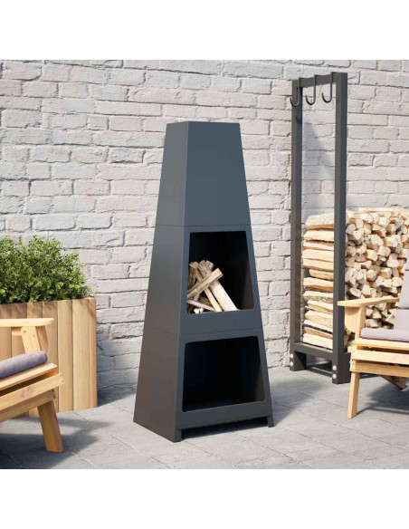Caminetto da Esterno Design Torre Deposito Tronchi Nero Acciaio