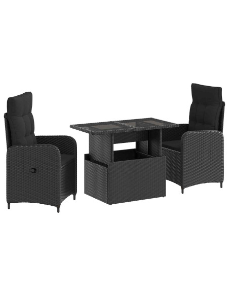 Set da pranzo per esterni con cuscino 3 pcs Nero polyrattan