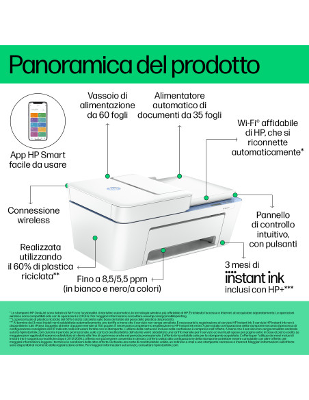 HP DeskJet 4222e Wireless All-in-One Colore Stampante, Instant Ink Fotocopiatrice, scanner
