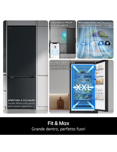 LG GBBS726CPY Frigorifero combinato Fit & Max 60cm, Classe C, 375L, AI Inverter, Prime Silver