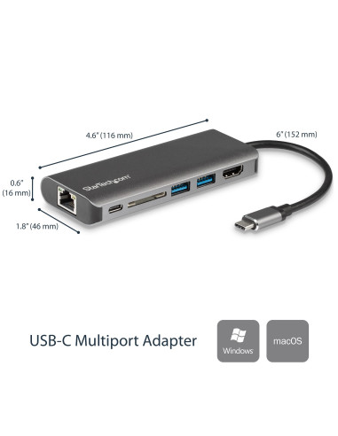 StarTech.com Adattatore Multiporta USB C, Dock USB-C Portatile con HDMI 4K, Hub 3x USB 3.0, SD/SDHC, GbE, PD 60 W Pass-Through -