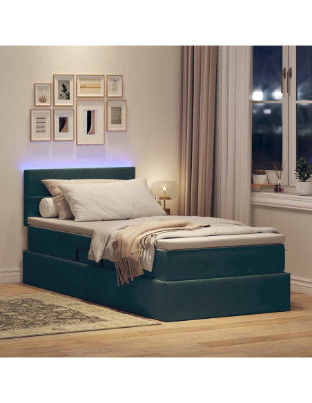 Letto con contenitore e LED Verde Scuro 100 x 200 cm Velluto