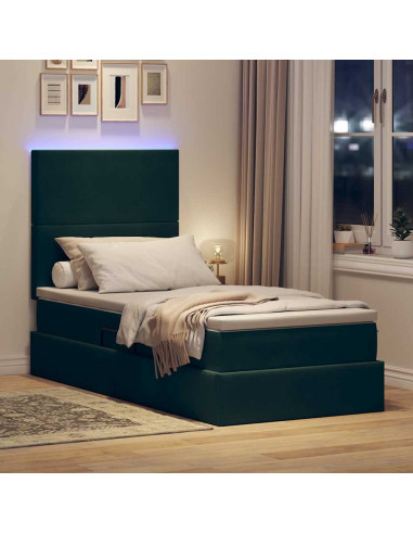 Letto con contenitore e LED Verde Scuro 90 x 190 cm Velluto