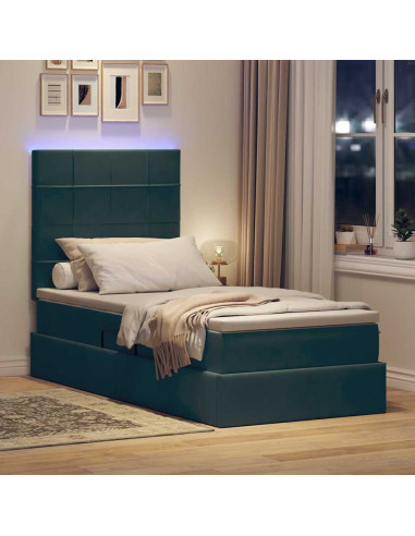 Letto con contenitore e LED Verde Scuro 90 x 200 cm Velluto