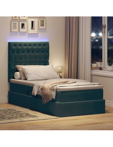 Letto con contenitore e LED Verde Scuro 90 x 190 cm Velluto