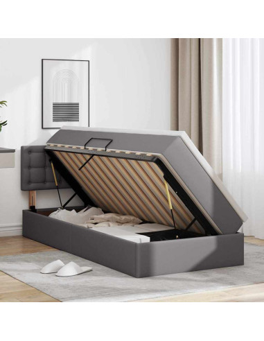 Letto con contenitore e LED Grigio 100 x 200 cm Pelle Sintetica