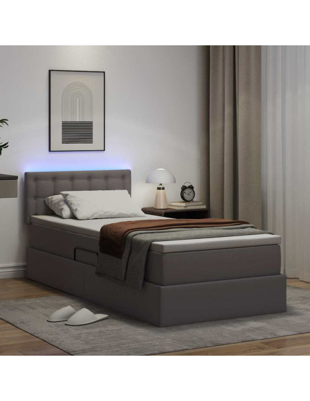 Letto con contenitore e LED Grigio 100 x 200 cm Pelle Sintetica