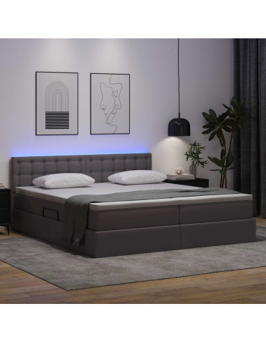 Letto con contenitore e LED Grigio 180 x 200 cm Pelle Sintetica