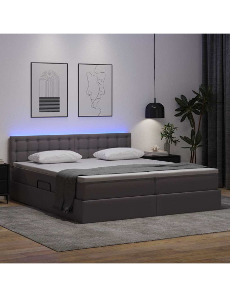 Letto con contenitore e LED Grigio 200 x 200 cm Pelle Sintetica