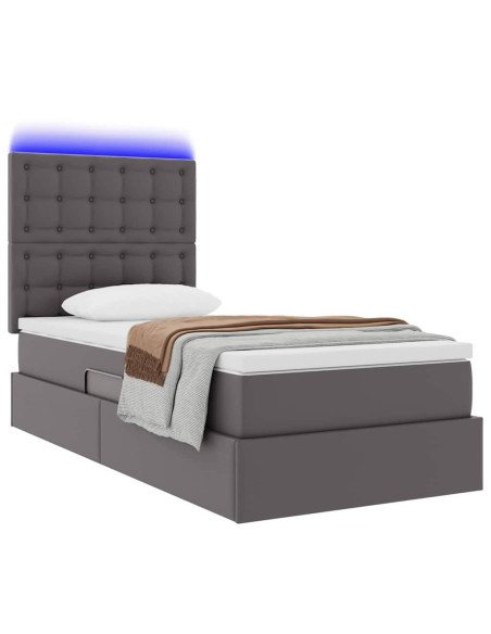 Letto con contenitore e LED Grigio 90 x 190 cm Pelle Sintetica