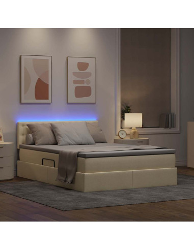 Letto con contenitore e LED con led Crema 140 x 190 cm Tessuto