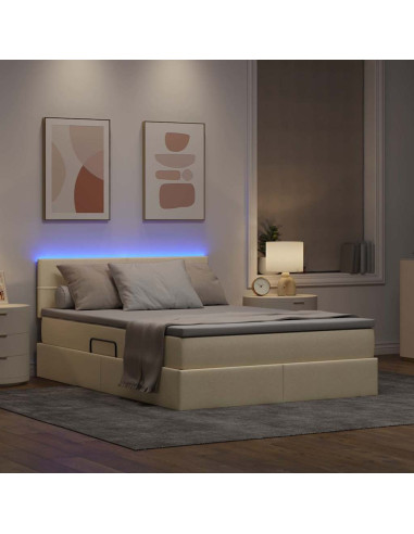 Letto con contenitore e LED con led Crema 140 x 190 cm Tessuto