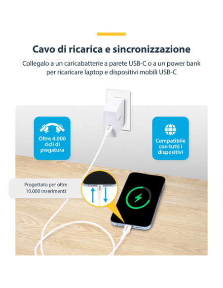 StarTech.com Cavo di Ricarica USB-C da 3m, cavo USB C, cavo di ricarica USB 2.0 Tipo-C per laptop, power delivery 60W 3A, rivest
