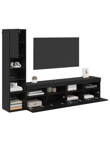 Unità TV da Parete con led 4 pcs Rovere Nero Legno multistrato