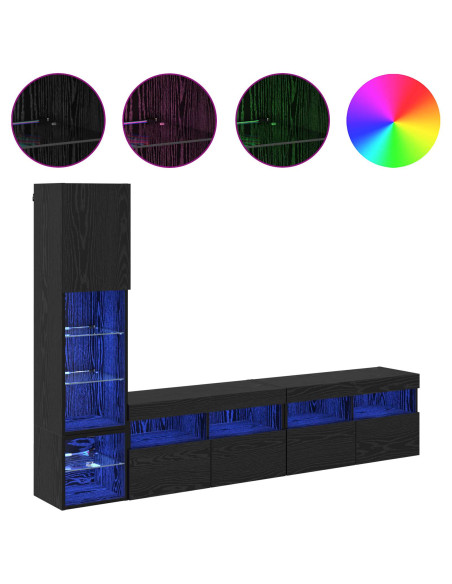 Unità TV da Parete con led 4 pcs Rovere Nero Legno multistrato