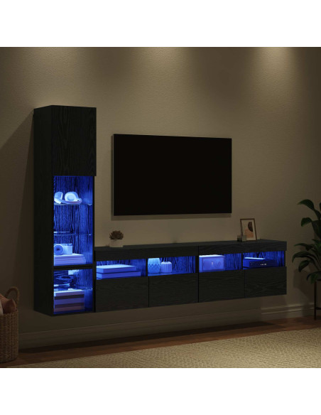 Unità TV da Parete con led 4 pcs Rovere Nero Legno multistrato