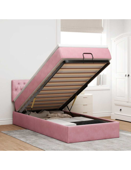 Struttura Letto Pouf con Materasso Rosa 100x200 cm Velluto